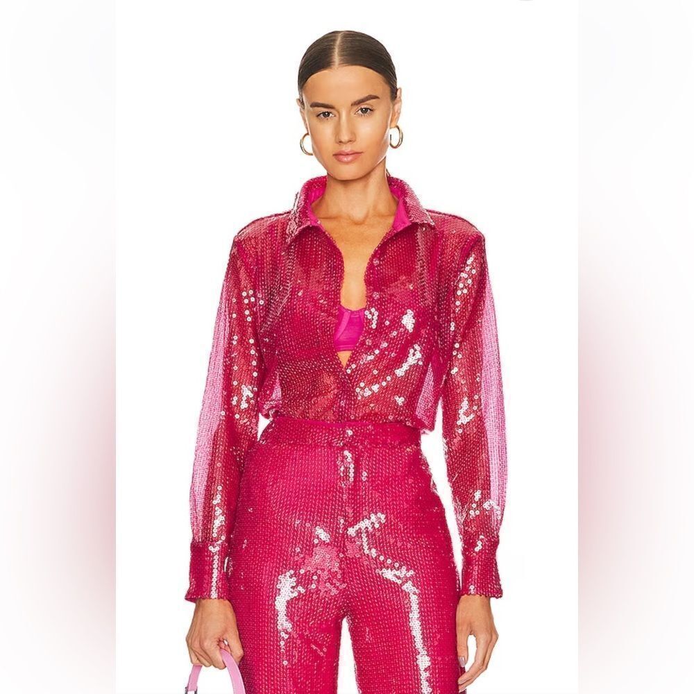More To Come Wyatt Button Down Top in Hot Pink sequin blouse shirt Revolve M